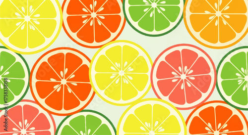 A vibrant and refreshing seamless pattern design featuring a colorful assortment of citrus fruit slices in a vector art style