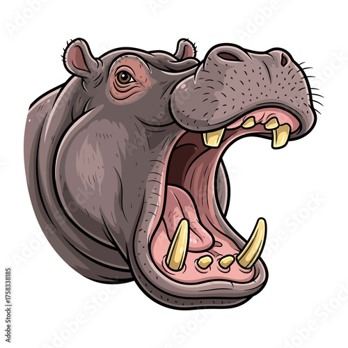 Photorealistic illustration of a hippopotamus character headshot with an annoyed expression on white