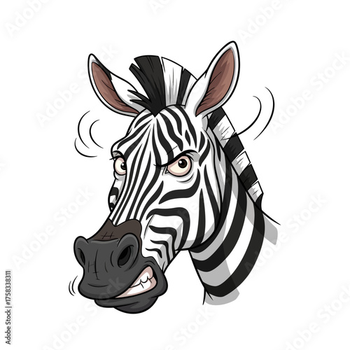 Photorealistic illustration of a zebra character headshot with an irritated expression on a white background