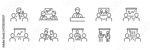 Collection of simple line art icons representing business meetings and presentations
