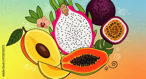 Vibrant Assortment of Exotic Tropical Fruits - Dragon Fruit, Passion Fruit, Papaya, and Mango