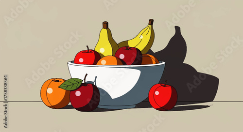 Bowl of Fruits Still Life Apples, Bananas, Oranges for Healthy Eating & Refreshing Taste
