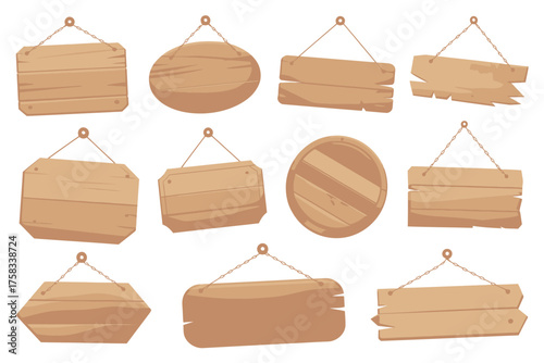 Collection of various hanging wooden signs and boards for messages and announcements