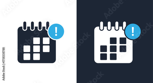 Calendar icon with notification alert symbol for web and app design projects -  Glyph solid icon - Editable modern style icon.