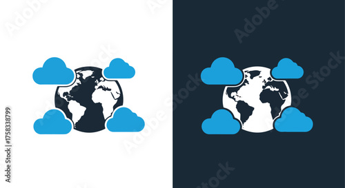 Global cloud computing network and earth icon set for digital connectivity and data transfer -  Glyph solid icon - Editable modern style icon.