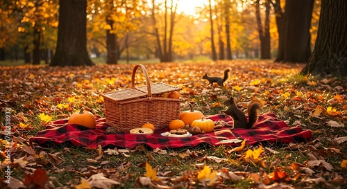 Autumn picnic scene with basket pumpkins and squirrels in a colorful forest