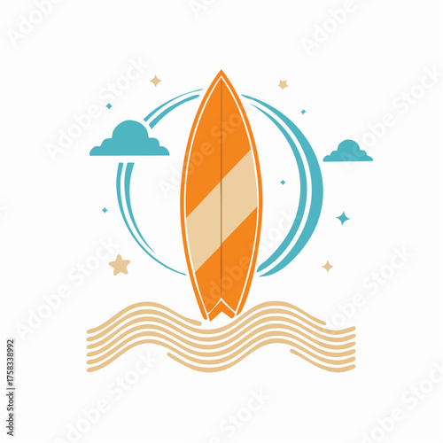 A vibrant surfboard illustration embodying summer vibes and beach culture in a minimalist style