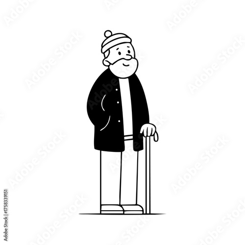 Cute character of an elderly man with a beard standing with a cane, representing senior life, wisdom, and peaceful retirement moments.