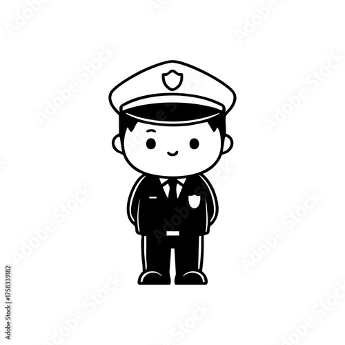 Friendly police officer character in uniform standing confidently, symbolizing law enforcement, security, and community service.