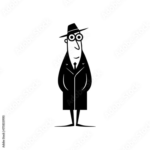 Cartoon detective in trench coat and hat standing confidently, representing investigation, curiosity, and classic crime stories.