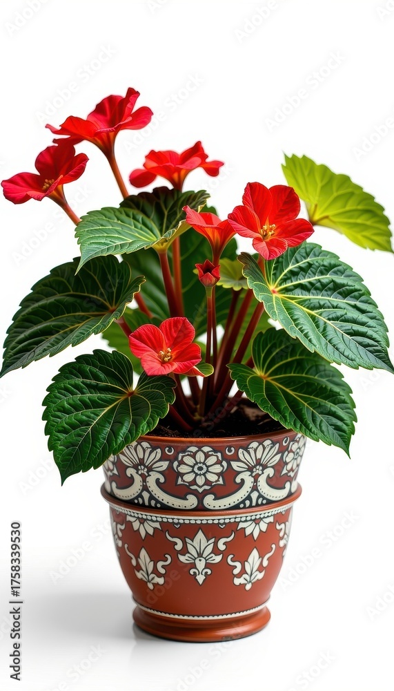 Fototapeta premium Begonia rex cultorum plant in an antique pot, isolated on white, macro detail, patterned leaf, pattern