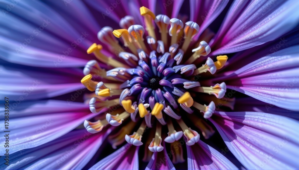 Obraz premium Close-up macro of a vibrant blue aster flower, intricate petals and stamen, flora, vibrant