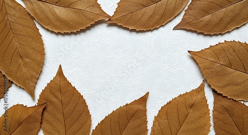 Autumnal brown leaves arranged on white textured background for design