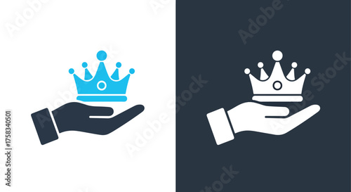 Premium royalty hand holding crown icon set symbolizing authority and success -  Glyph solid icon - Editable modern style icon.