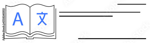 Open book with multilingual letters, horizontal lines suggesting text. Ideal for education, translation, learning, globalization, linguistics, communication literacy. Simple flat metaphor