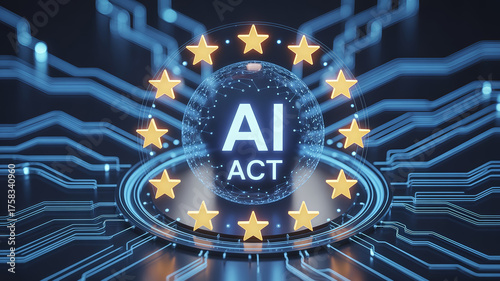 Futuristic hologram of EU AI Act with glowing circuits and stars symbolizing digital regulation