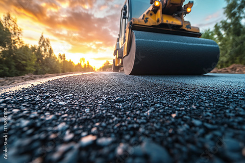 Road construction with asphalt roller and safety barriers on a highway project
