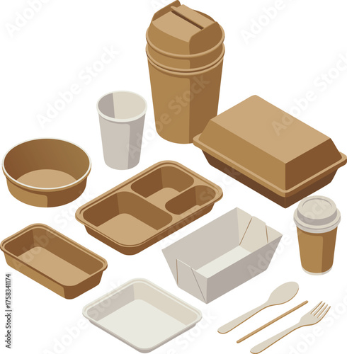 Isometric Biodegradable Food Packaging Set: Compostable Takeaway Boxes and Eco-Friendly Cutlery