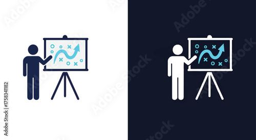 Presentation icon set with person and graph on easel for business analytics and data visualization -  Glyph solid icon - Editable modern style icon.