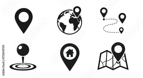 Collection of web map location pin icons for navigation and geolocation services -  Glyph solid icon - Editable modern style icon.