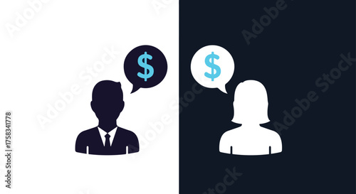Two silhouetted figures discussing money finances and investment opportunities -  Glyph solid icon - Editable modern style icon.
