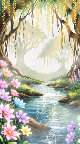 Vertical animation showcasing a magical forest with lush leafy trees, a calm sparkling river, and colorful flowers along the water's edge, creating a peaceful and enchanting atmosphere. 