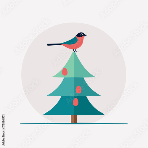 Festive bird perched atop a stylized christmas tree illustration for the holidays