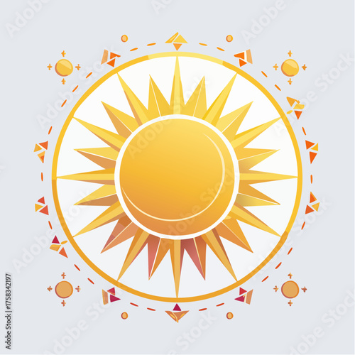 Golden geometric sun symbol with decorative elements for spiritual or summer theme