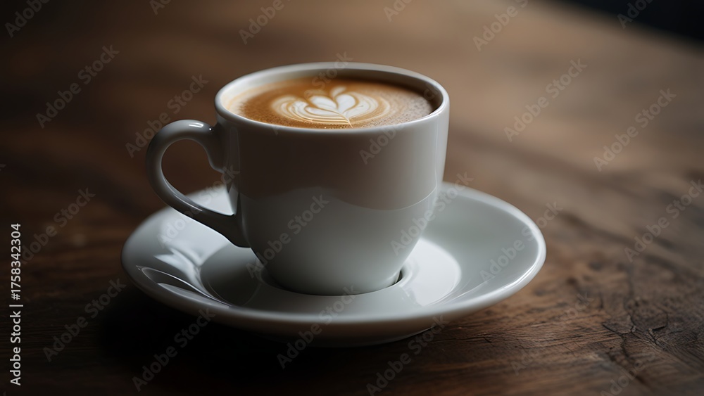 Obraz premium White porcelain cup filled with creamy coffee under soft moody light