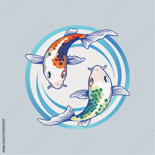 Graceful dance of koi fish: a colorful illustration symbolizing harmony and prosperity