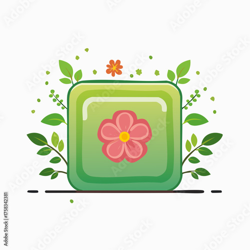 Green flower button vector with leafs around, suitable for decoration and icons