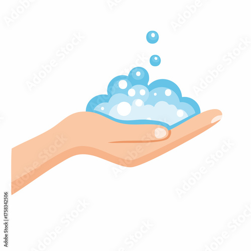 Hand holding soap bubbles promoting hygiene and cleanliness, vector illustration