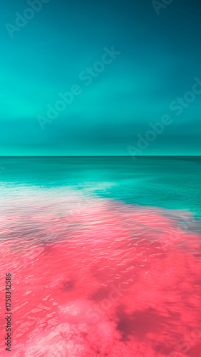 Surreal Pink and Teal Ocean. Vibrant Landscape, Natural Wonder, Colorful Seascape.