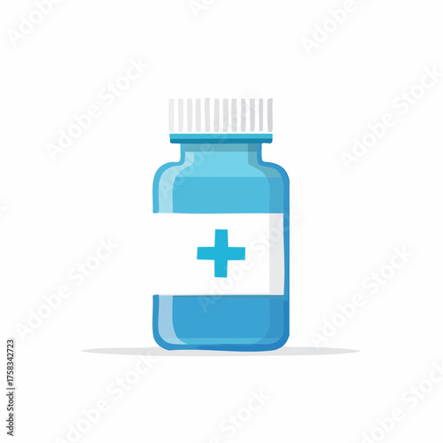 Illustration of a blue pill bottle with a white label for medical purposes
