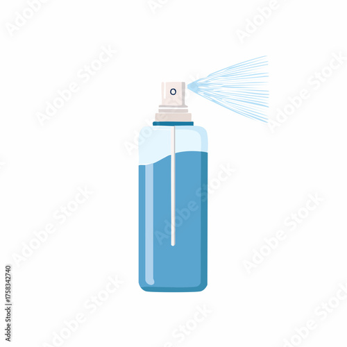 Illustration of a blue spray bottle dispensing fine mist on a white background
