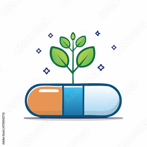 Illustration of a Capsule with a Plant Growing Out of It Representing Natural Medicine