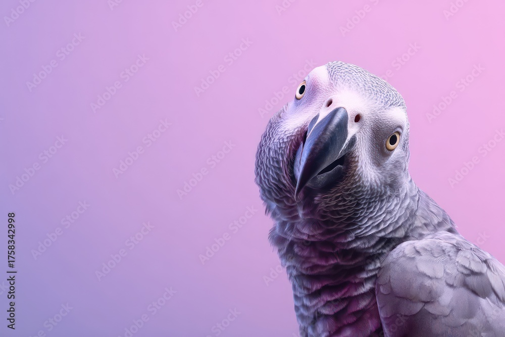 Obraz premium Parrot Tilting Head Dramatically on Pastel Purple Background
