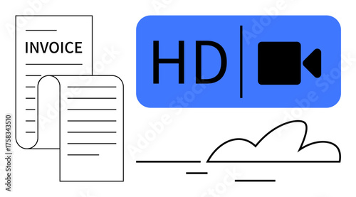 Invoice and document visuals align with HD video symbol and abstract cloud detail. Ideal for billing, digital tools, cloud storage, video conferencing, innovation, productivity, communication. Simple