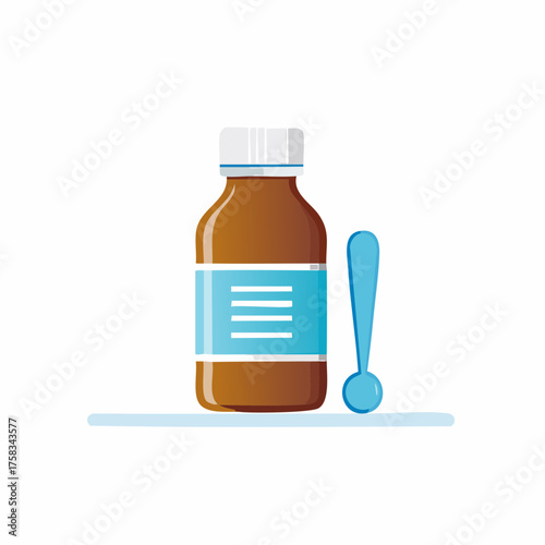 Illustration of medication bottle with syrup and spoon for children health care