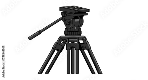 A black camera tripod with adjustable legs and a head mount is centered on a white background