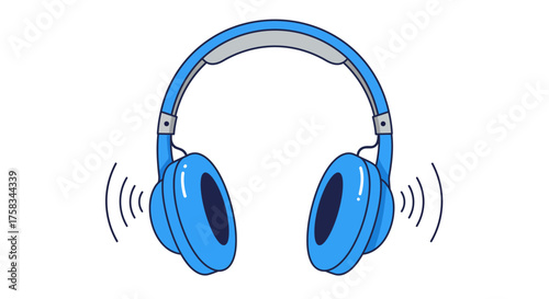 A blue headset with sound waves emanating from the earcups against a white background