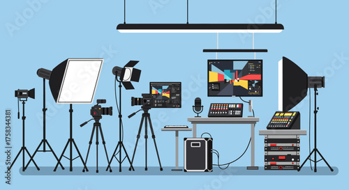 A broadcast studio setup shows cameras lights monitors and sound equipment