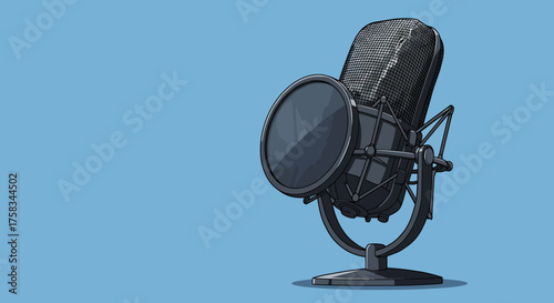 A cartoon microphone with a circular pop filter on a blue background