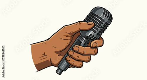 A hand holds a silver microphone against a white background