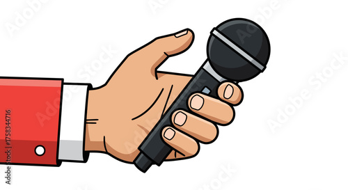 A hand wearing a red jacket holding a black microphone