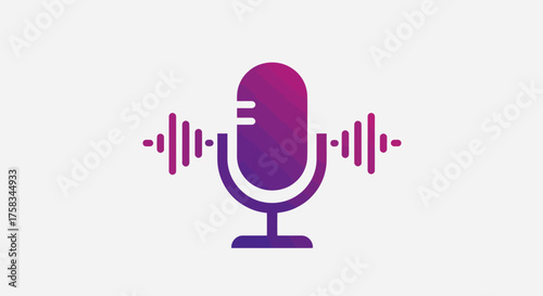 A purplepink gradient microphone with soundwaves on a white background
