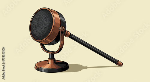 A retro microphone copper accents mounted on a stand casting a shadow on a pale yellow background
