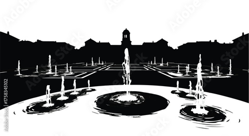 Elegant geometric fountains dance in a grand plaza before an imposing architectural silhouette.