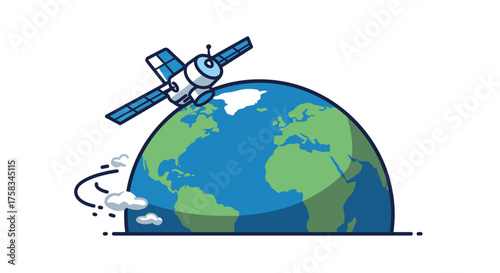 A satellite orbits a cartoon Earth with visible continents and swirling clouds