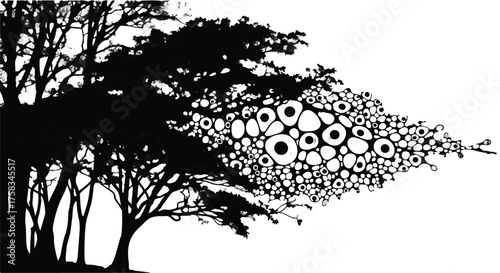 Abstract organic shapes emerging from silhouetted trees, symbolizing growth and transformation.